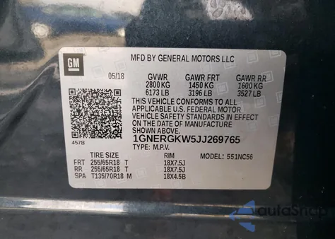 2018 Chevrolet Traverse Lt из США, поврежденный, VIN 1GNERGKW5JJ269765